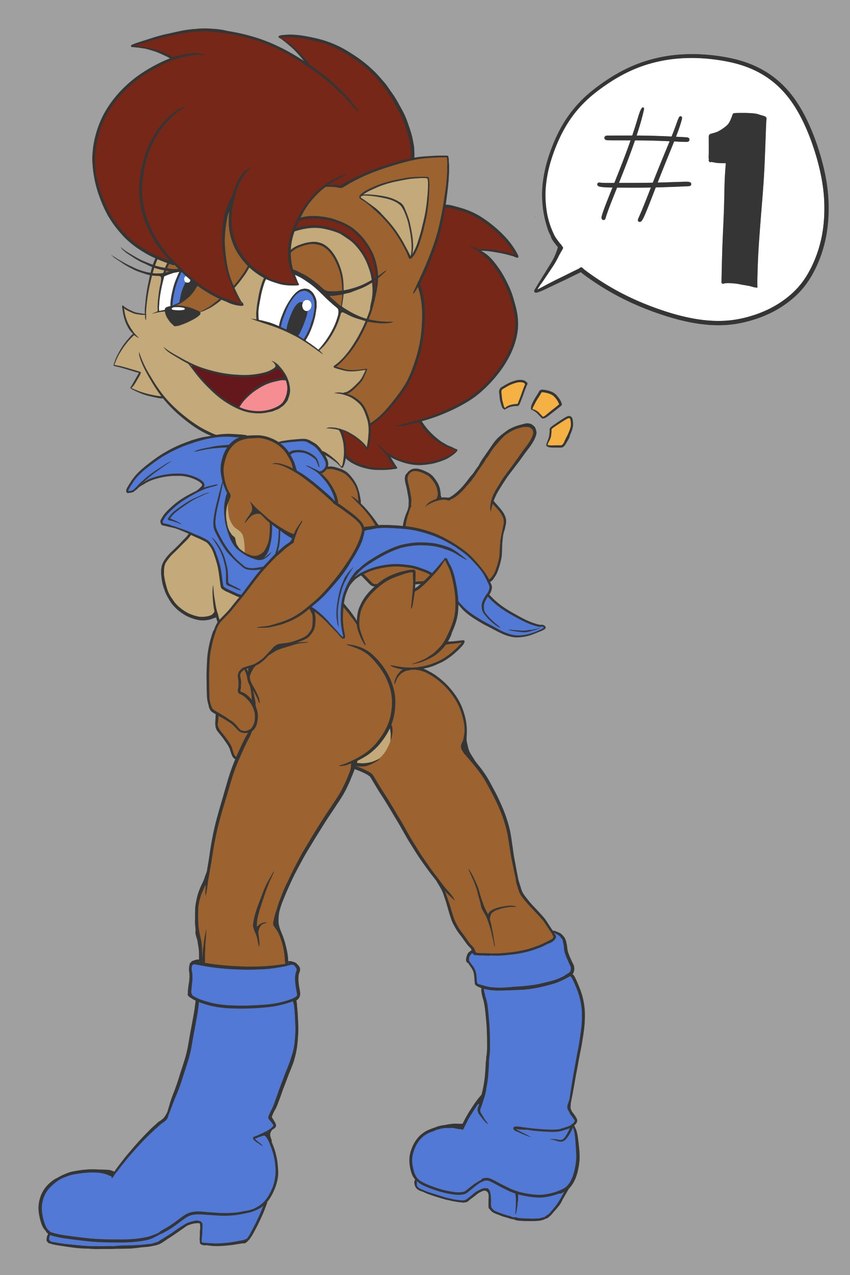 anthro big_hair black_nose blue_boots blue_clothing blue_eyes blue_footwear blue_topwear blue_vest boots bottomless breasts brown_body brown_fur brown_hair butt cheek_tuft clothed clothing eyelashes facial_tuft featureless_breasts featureless_crotch female footwear fur grey_background hair looking_at_viewer looking_back looking_back_at_viewer open_clothing open_mouth open_smile open_topwear rear_view scut_tail shoes short_tail simple_background smile solo speech_bubble tail topwear tuft vest ffisf archie_comics sega sonic_the_hedgehog_(archie) sonic_the_hedgehog_(comics) sonic_the_hedgehog_(series) sally_acorn chipmunk ground_squirrel mammal rodent sciurid 2:3 absurd_res hi_res