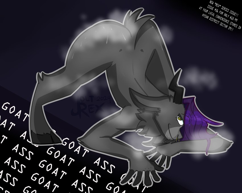 all_fours anthro arched_back ass_up bent_legs black_body black_fur bodily_fluids facial_piercing fingerless_(marking) fur grey_outline hair hooves horn looking_at_viewer male neck_tuft nose_piercing nose_ring nude outline piercing pornography pose posing_for_picture purple_hair ring_piercing smile solo steam sweat tail text text_background tuft yellow_eyes joltrex rex_(joltrex) bovid caprine goat mammal 2024 5:4 absurd_res artist_name hi_res