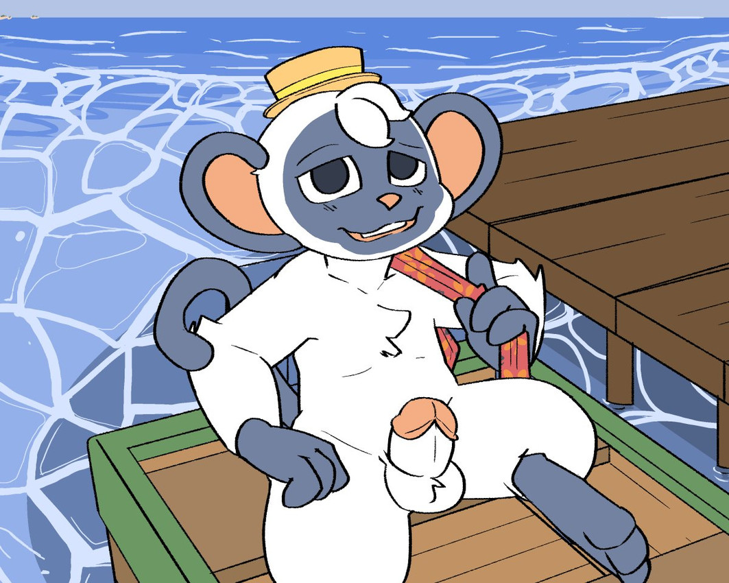 anthro balls black_body black_eyes black_fur boat chest_tuft clothing foreskin fur genitals hat hat_only headgear headgear_only headwear headwear_only humanoid_genitalia humanoid_penis lying male mostly_nude nude on_back outside panama_hat penis pier presenting presenting_penis public retracted_foreskin scarf sea smile solo tail tuft vehicle water watercraft white_body white_fur mousesix animal_crossing nintendo niko_(animal_crossing) haplorhine mammal monkey primate 2025 5:4 colored digital_drawing_(artwork) digital_media_(artwork)