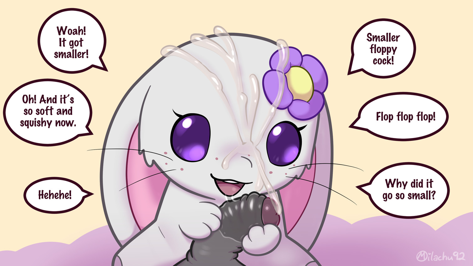 accessory anthro bedroom bodily_fluids cum cum_on_face dialogue eyelashes fellatio female first_person_view flaccid flower flower_in_hair freckled_face freckles genital_fluids genitals hair hair_accessory hand_on_penis happy happy_sex inexperienced innocence long_eyelashes male nude nude_anthro nude_female oral penile penis plant purple_eyes saliva selfie sex size_difference text tongue young milachu92 buttons_(milachu92) lantha domestic_cat felid feline felis lagomorph leporid mammal rabbit 16:9 absurd_res english_text hi_res widescreen