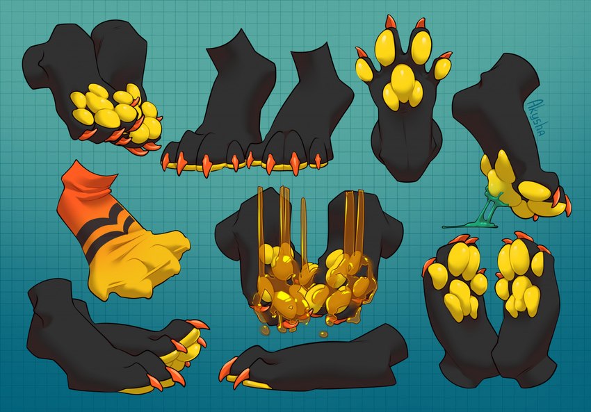 4_toes ambiguous_gender anthro black_body candy claws clothing dessert feet food foot_focus foot_shot footwear gum honey_(food) pawpads paws paws_in_socks red_claws simple_background socks solo toe_claws toes yellow_pawpads akysha fuji_(novodemon) kobold mammal