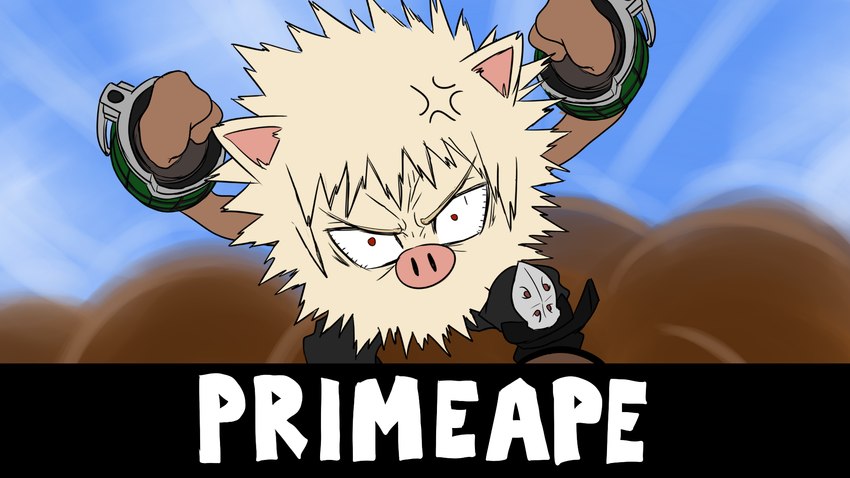 alternate_species angry armor biped blonde_hair clothed clothing cross-popping_vein feral feralized fur furrification fusion gauntlets gloves hair handwear looking_at_viewer male mitten_hands mouthless pig_nose red_eyes solo spiky_fur spiky_hair standing text white_text ergomancy my_hero_academia nintendo pokemon katsuki_bakugou ape generation_1_pokemon haplorhine mammal pokemon_(species) primate primeape 16:9 2020 colored digital_drawing_(artwork) digital_media_(artwork) english_text hi_res shaded species_name widescreen