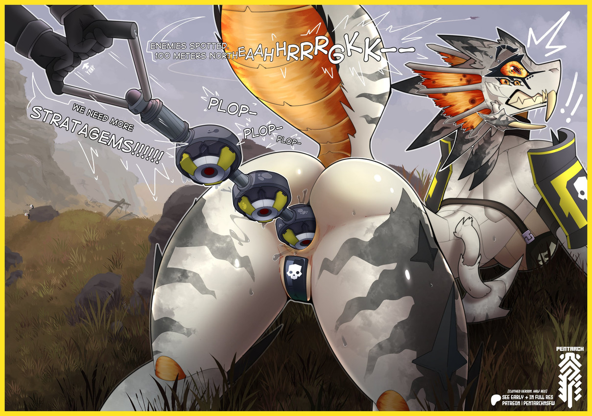 6_eyes anal anal_bead_pull anal_beads anal_beads_in_ass anal_only anal_penetration anthro anus armor bar biped black_bra black_clothing black_underwear bodily_fluids border bra breastplate breasts butt clenched_teeth clothed clothing dialogue duo exclamation_point facial_piercing fangs female glistening glistening_butt glistening_thighs grass human_on_anthro interspecies logo mandibles multi_eye object_in_ass orange_body orange_sclera outside penetration piercing plant pupils pussy_tape raised_tail sex_toy sex_toy_in_ass sex_toy_insertion skimpy skull_symbol slit_pupils solo_focus stretched_anus striped_body stripes sweat sweaty_butt sweaty_legs sweaty_thighs tail tan_body tape teeth text thick_thighs underwear white_body yellow_border pentarch helldivers arthropod automaton human mammal stalker_(helldivers) terminid 2025 artist_logo artist_name digital_media_(artwork) english_text hi_res