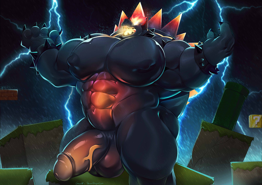 abs anthro biceps black_body black_skin bracelet claws collar genitals horn jewelry male muscular muscular_anthro muscular_male nipples nude pecs penis shell solo spiked_bracelet spiked_collar spikes thunder demondragoncyan gasaiv bowser's_fury mario_bros nintendo bowser fury_bowser koopa mammal scalie absurd_res hi_res