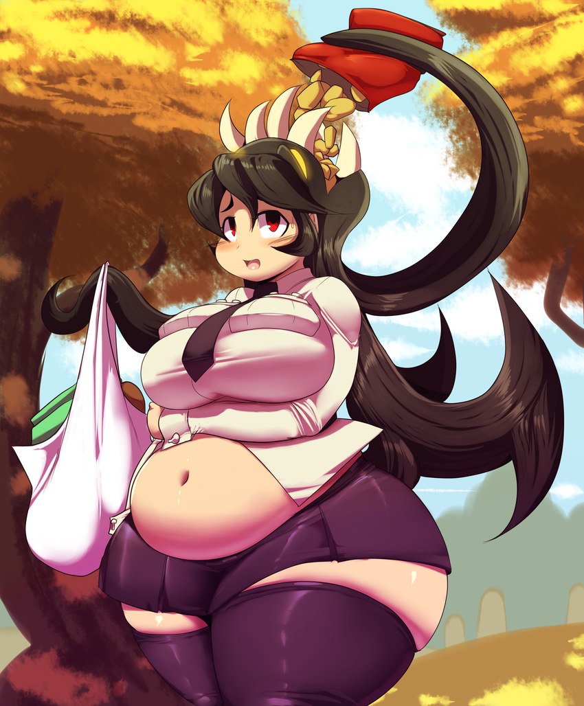 belly belly_peeking_out big_belly big_breasts biped black_hair bottomwear breasts chip_bag chips_(food) clothed clothing detailed_background dress_shirt eating eating_food female food glowing glowing_eyes grocery_bag hair holding_bag huge_hips huge_thighs legwear looking_at_another navel necktie not_furry open_mouth outside overweight overweight_female overweight_human plant red_eyes sharp_teeth shirt skirt sky snack solo squish teeth thick_thighs thigh_highs thigh_squish tight_clothing tight_shirt tight_topwear topwear tree undersized_clothing undersized_topwear walking weight_gain wide_hips yellow_eyes trinity-fate62 skullgirls filia samson_(skullgirls) hair_creature human mammal parasite_(skullgirls) 2014 absurd_res hi_res