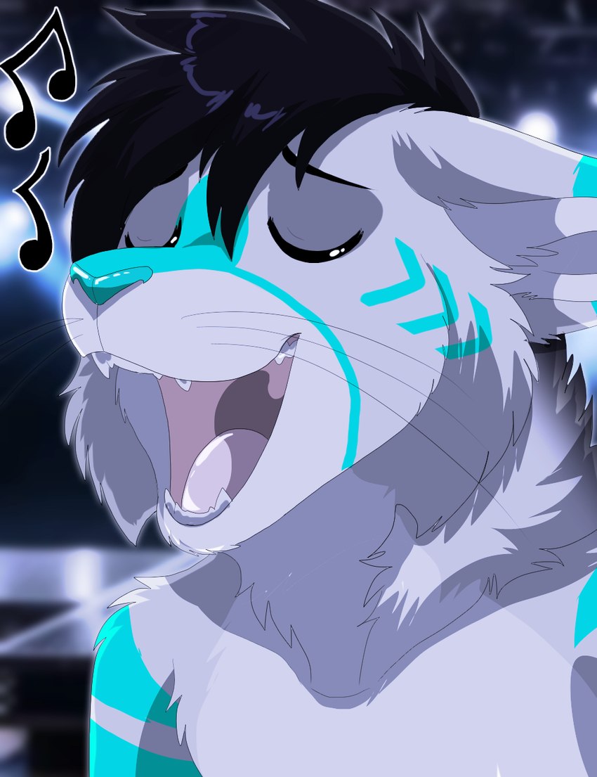 anthro ears_down eyes_closed fur male musical_symbol open_mouth open_smile pivoted_ears singing smile solo symbol lawkie drakas felid feline lynx mammal hi_res