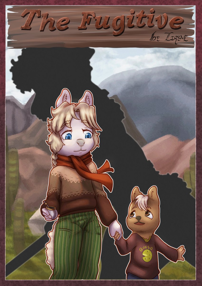 anthro cactus clothing detailed_background eye_contact female hand_holding looking_at_another male mountain plant scarf sweater text toddler topwear young liryal tilcara_(liryal) alpaca ambiguous_species camelid mammal absurd_res adversarial_noise comic cover english_text hi_res brother_(lore) sibling_(lore) sister_(lore)