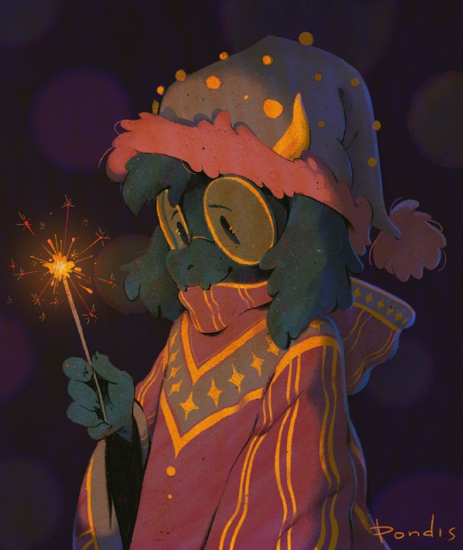 anthro black_body black_fur clothing dimly_lit eyewear fur glasses hat headgear headwear horn long_ears male robe scarf simple_background solo sparkler pondis deltarune undertale_(series) ralsei bovid caprine goat mammal hi_res