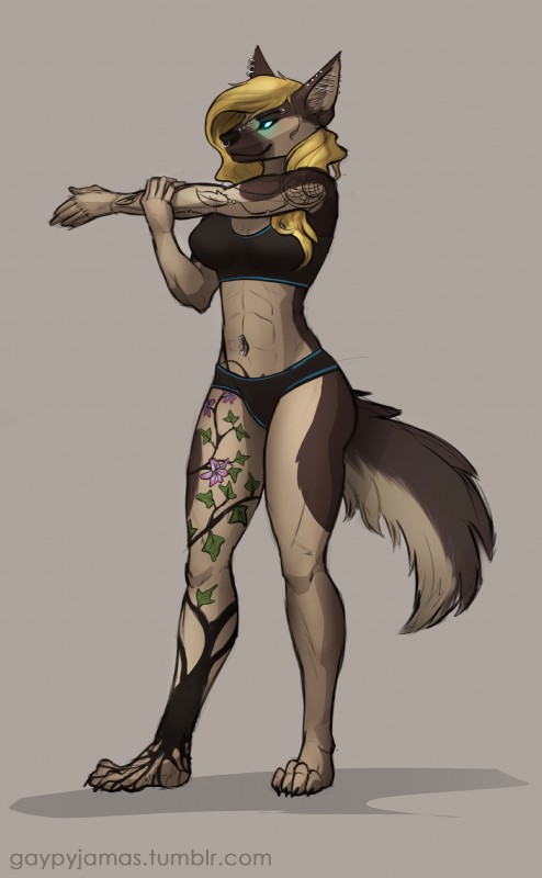 anthro breasts clothed clothing female hair muscular muscular_anthro muscular_female piercing simple_background smile solo tattoo gaypyjamas natasha_klopov canid canine canis domestic_dog german_shepherd herding_dog mammal pastoral_dog absurd_res hi_res