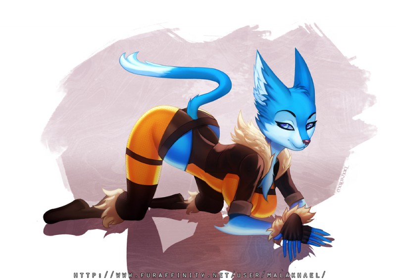 5_fingers anthro blue_body blue_eyes blue_fur breasts clothing eyebrows eyelashes female fingerless_gloves fingers fur gloves handwear looking_at_viewer purple_nose simple_background slim smile solo malakhael syria_(tid) domestic_cat felid feline felis mammal