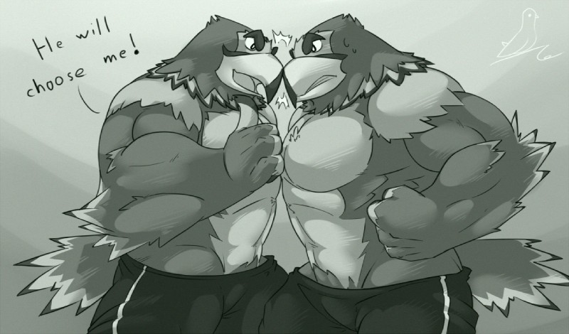 4_fingers anthro beak bottomwear clothed clothing duo eye_contact feathers fingers fist frown glare looking_at_another male male/male manly pants serratus tail tail_feathers text topless happyending animal_crossing nintendo frank_(animal_crossing) hulk_(animal_crossing) accipitrid accipitriform avian bird eagle 2014 digital_media_(artwork) english_text greyscale monochrome signature