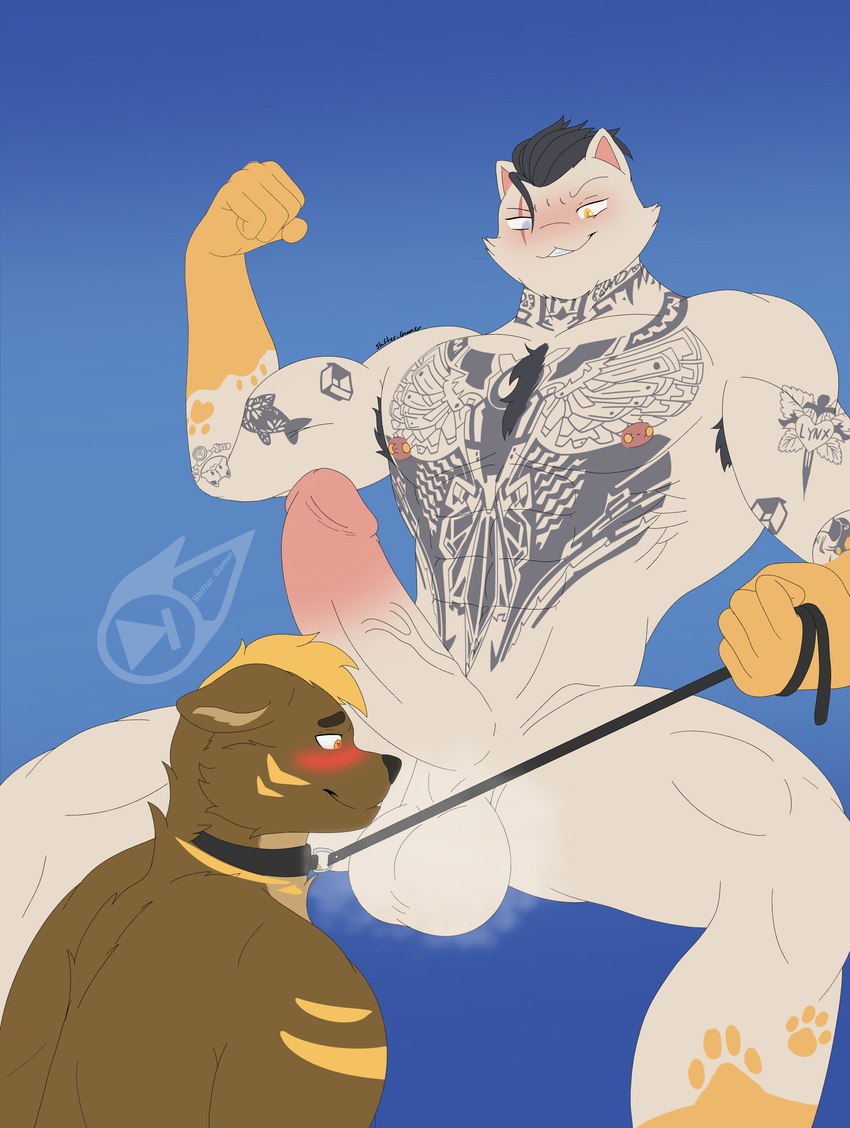 anthro armpit_hair belly body_hair collar duo genitals leash leash_pull male male/male muscular muscular_male musk musk_clouds musky_penis penis shifter_gamer epic_games fortnite meowdas meowscles sunset_(sunsetuwo) bear calico_cat domestic_cat felid feline felis mammal 2024 absurd_res hi_res