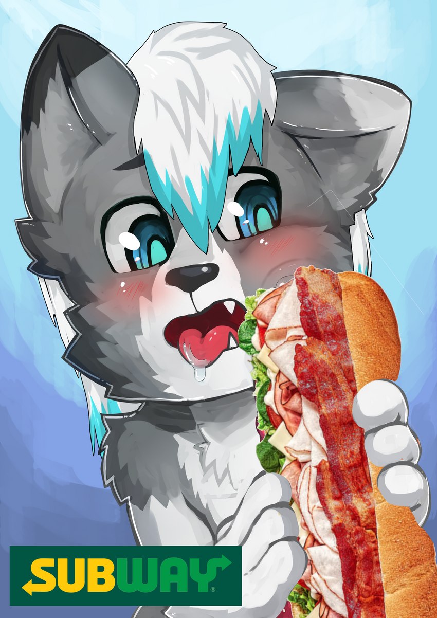 anthro blush bodily_fluids drooling food holding_object male novelty_censor saliva sandwich_(food) solo submarine_sandwich subway tongue tongue_out young young_anthro young_male kake0078 sandwich_censorship subway_(restaurant) dante_kinkade canid canine canis mammal wolf absurd_res digital_media_(artwork) hi_res meme mixed_media photography_(artwork)