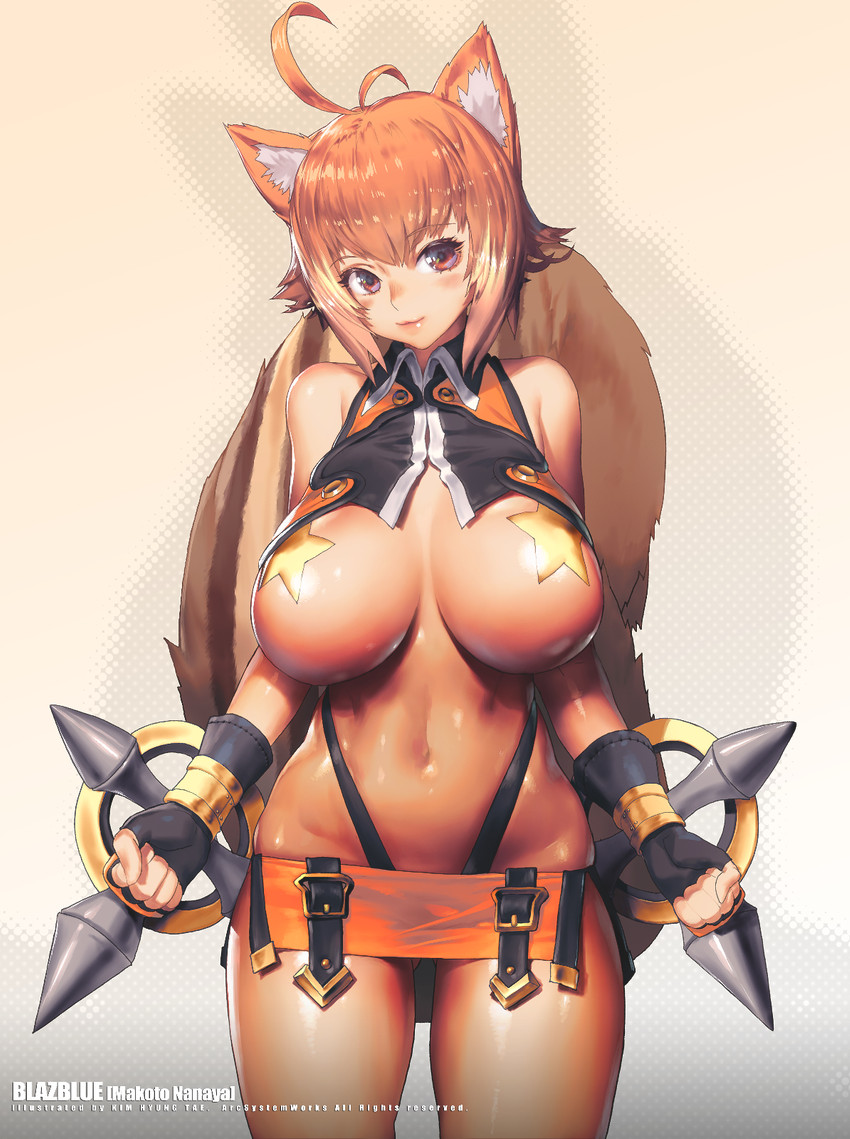 ahoge big_breasts breasts brown_body brown_fur brown_hair clothed clothing female fluffy fluffy_tail fur gloves hair handwear looking_at_viewer pasties solo tail weapon white_body white_fur kim_hyung_tae arc_system_works blazblue makoto_nanaya animal_humanoid humanoid mammal mammal_humanoid rodent rodent_humanoid sciurid sciurid_humanoid tree_squirrel tree_squirrel_humanoid hi_res portrait three-quarter_portrait