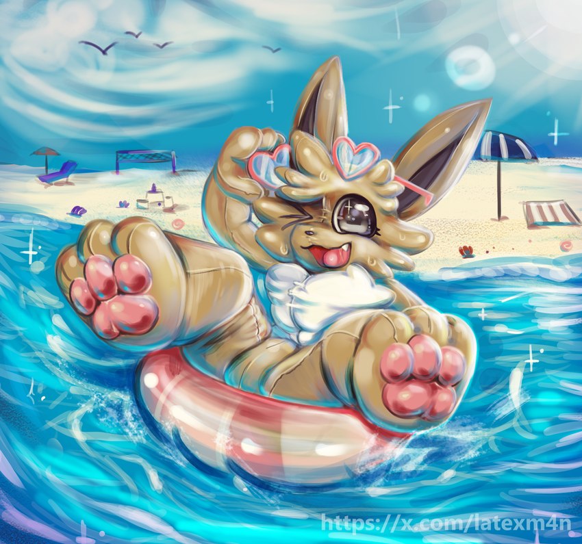 ambiguous_gender beach bodily_fluids drooling eyewear featureless_crotch feet foot_focus glasses glistening glistening_body inflatable light messy open_mouth pawpads paws pool_toy saliva smile solo sunlight water latexm4n nintendo pokemon eevee eeveelution generation_1_pokemon pokemon_(species) hi_res