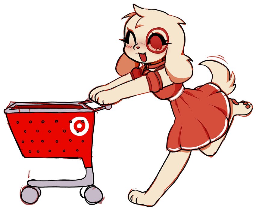 anthro barefoot belt blush blush_lines clothed clothing collar dress eyelashes eyes_closed facial_markings feet female fingers floppy_ears fully_clothed fur head_markings markings mascot open_mouth pawpads raised_tail red_body red_clothing red_collar red_dress red_fur red_markings red_nose red_pawpads running shopping_cart side_view simple_background small_waist snout solo tail tan_body tan_fur toes white_background white_belt bobbipup target_corporation spot_(jayrnski) bird_dog canid canine canis domestic_dog hunting_dog mammal spaniel 2024 cel_shading digital_media_(artwork) hi_res shaded