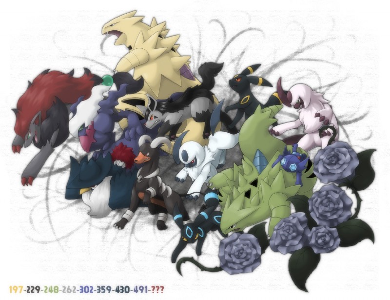 ambiguous_gender blue_eyes feral flower group large_group plant red_eyes simple_background tail white_background yellow_eyes ditb nintendo pokemon absol canid canine darkrai eeveelution generation_2_pokemon generation_3_pokemon generation_4_pokemon generation_5_pokemon honchkrow houndoom humanoid legendary_pokemon mammal mightyena pokemon_(species) sableye shiny_pokemon tyranitar umbreon zoroark