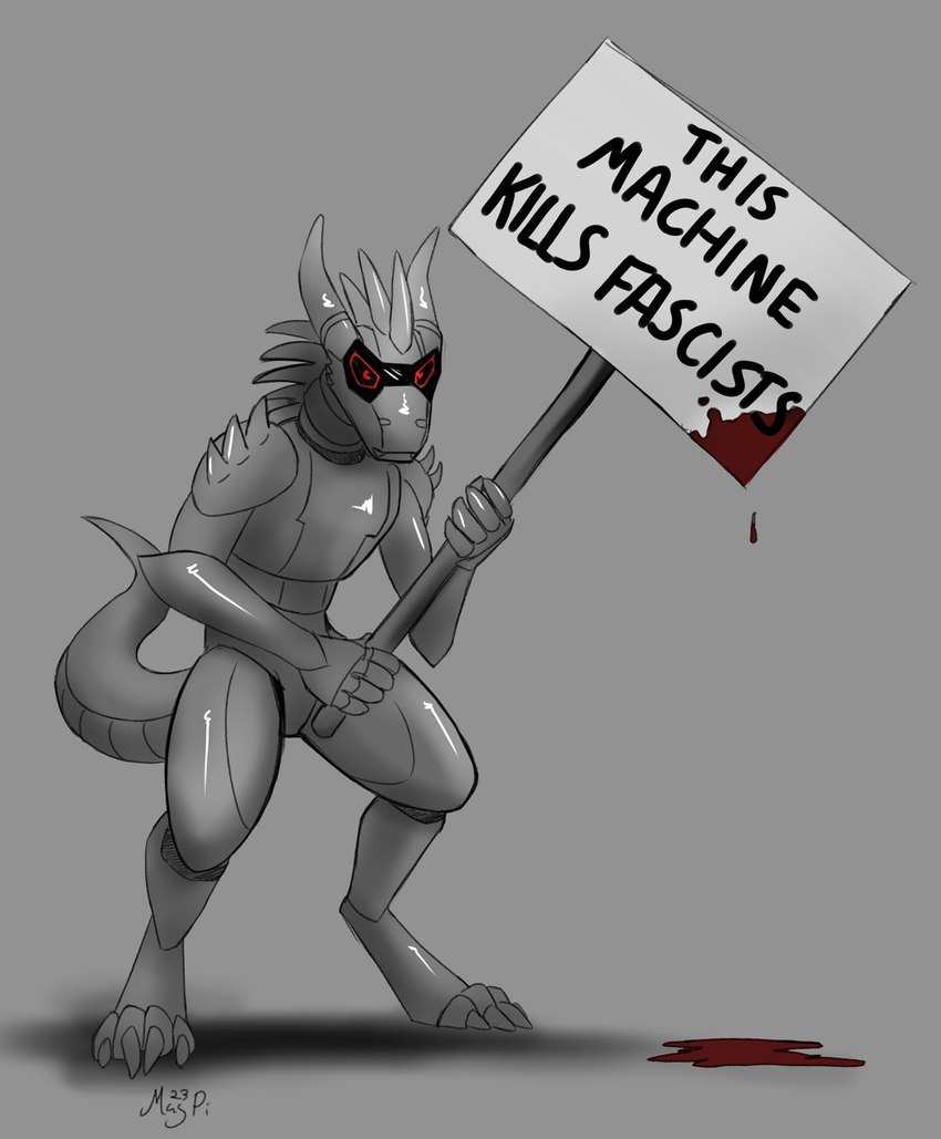 4_toes 5_fingers antifa blood blood_drip blood_on_ground bodily_fluids cybernetics dripping featureless_crotch feet fingers holding_object holding_sign machine politics sign solo standing text toes magpi this_machine_kills_fascists chromebold kobold scalie 2023 digital_media_(artwork) english_text hi_res