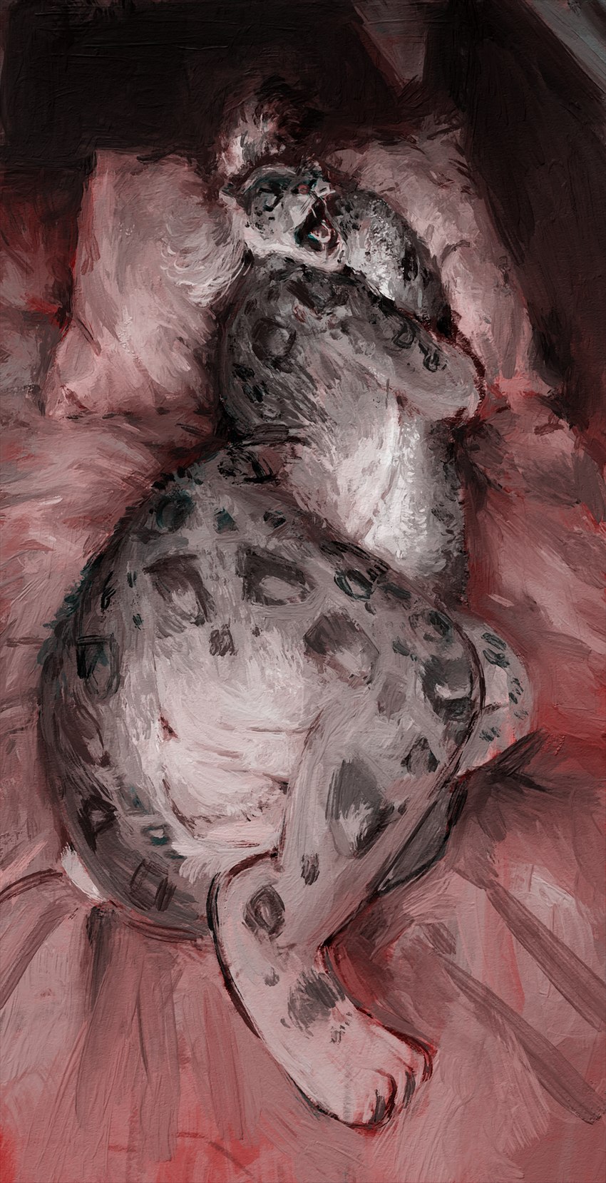 ambiguous_gender anthro anus bed bed_sheet bedding butt eyes_closed fangs feet fur furniture hair hindpaw long_tail lying markings nude nude_anthro open_mouth paws pillow sleeping solo spots spotted_body spotted_fur tail tail_hug teeth thick_thighs sigmaquack felid mammal pantherine snow_leopard absurd_res hi_res painting_(artwork) traditional_media_(artwork)