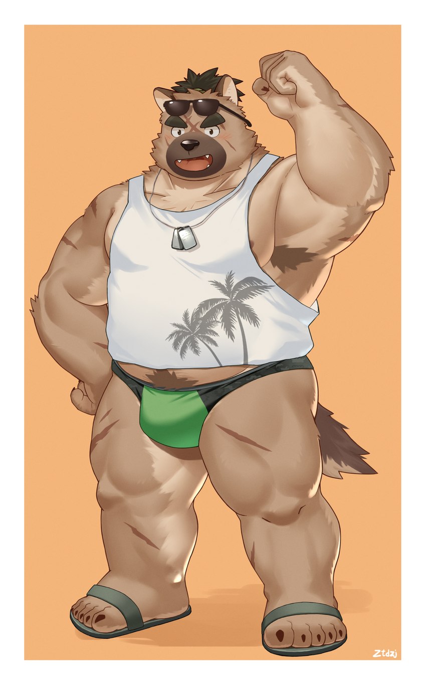 anthro belly border brown_body brown_fur bulge clothing eyebrows facial_scar footwear fur male musclegut muscular sandals scar shoes smile solo speedo swimwear thick_eyebrows white_border ztdzj lifewonders tokyo_afterschool_summoners yasuyori_(tas) canid canine canis domestic_dog mammal 5:8 absurd_res hi_res