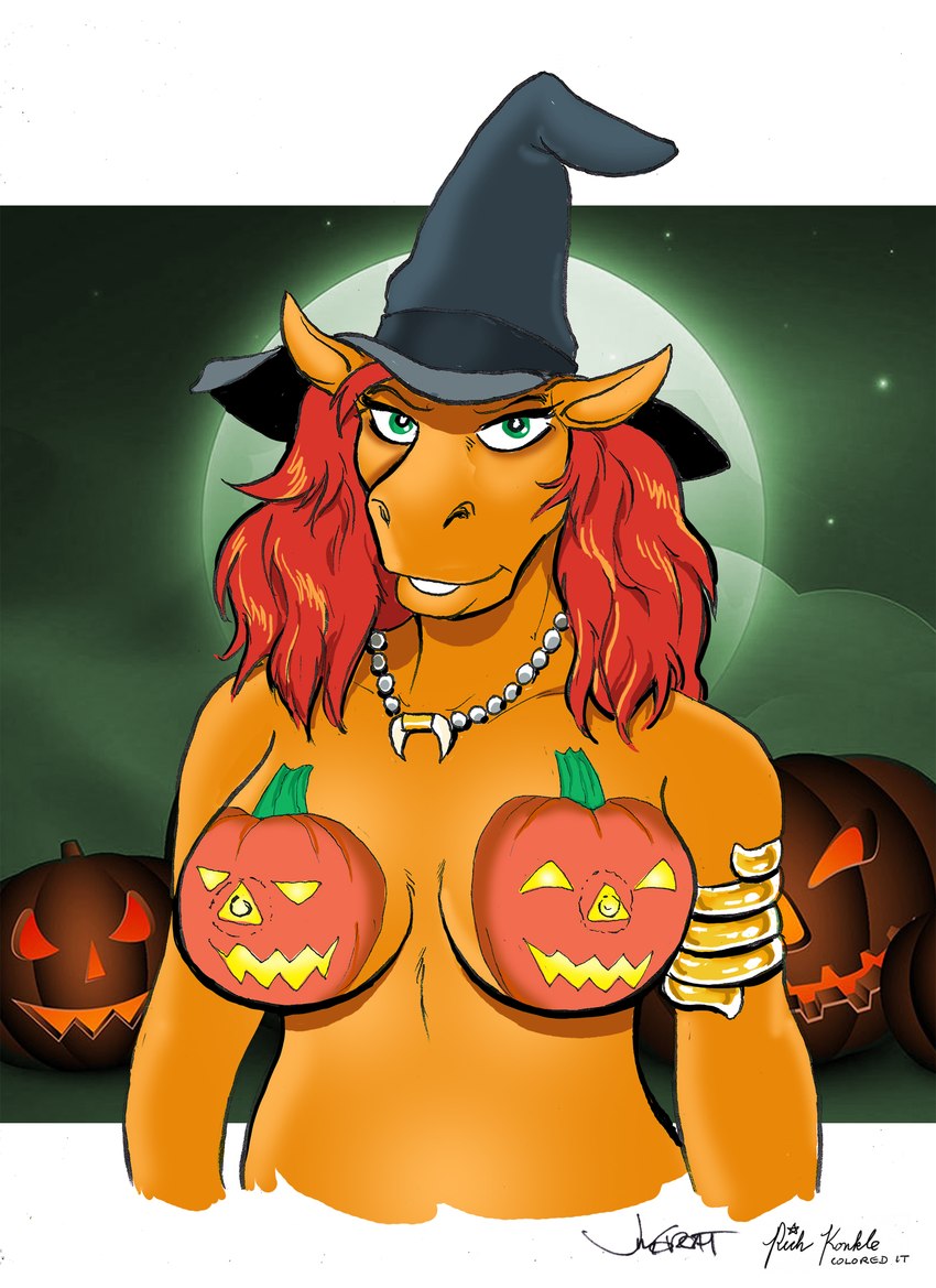 anthro armwear bodypaint breasts clothing female fog green_eyes hair hat headgear headwear holidays jack-o'-lantern jewelry looking_at_viewer moon necklace night nipple_outline nude orange_body outside red_hair smile solo witch_hat rabbi-tom richard_konkle halloween red_shetland equid equine horse mammal pony shetland_pony 2024 half-length_portrait hi_res portrait