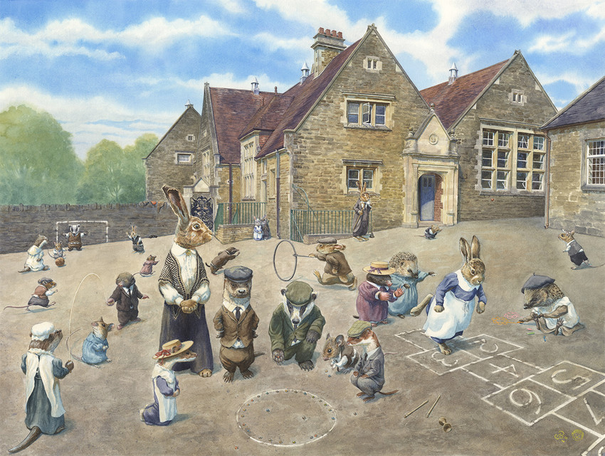 anthro ball bonnet circle clasped_hands clothing crouching day detailed_background dress eyewear female flat_cap glasses group hat headgear headwear holding_object hopping hopscotch jump_rope kneeling looking_down male marble necktie outside playground school semi-anthro sky standing suit whiskers young chris_dunn badger eulipotyphlan european_badger hare hedgehog lagomorph leporid mammal meles mole_(animal) mouse murid murine mustelid musteline otter rodent stoat true_musteline weasel 2015 traditional_media_(artwork)