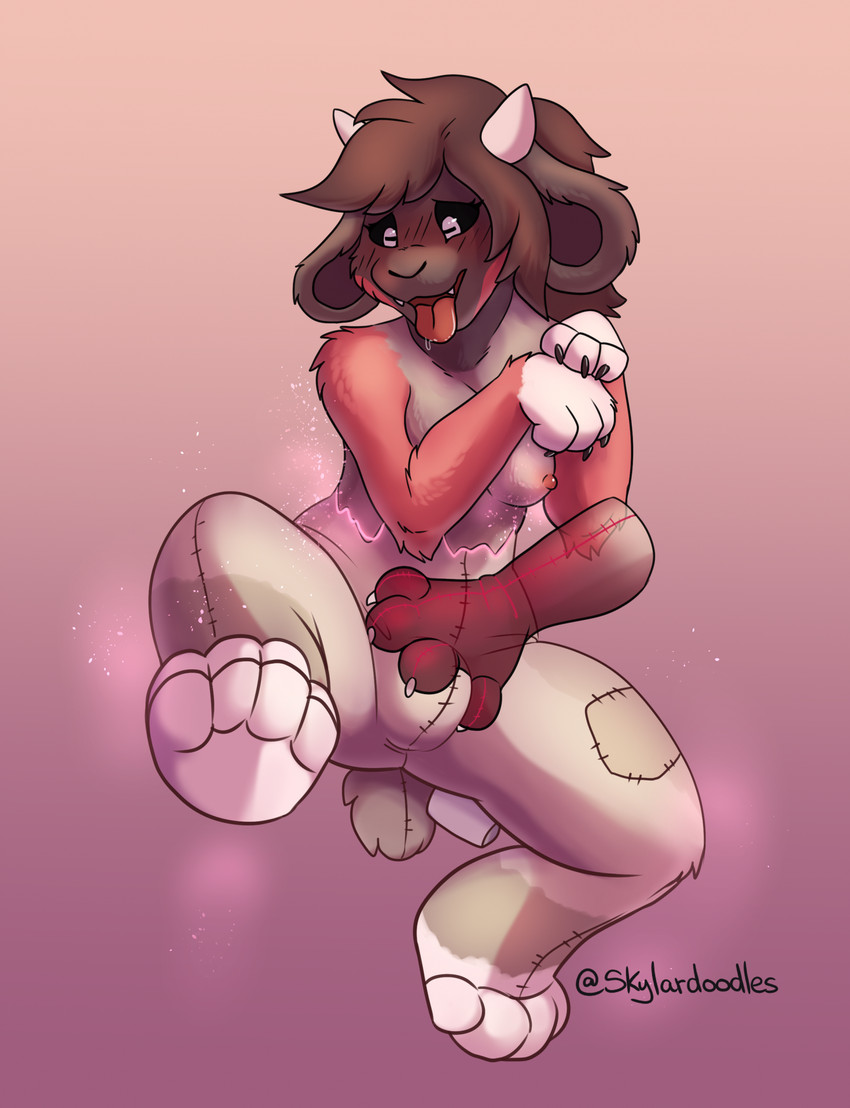 anthro blush breasts brown_body brown_fur brown_hair fur gynomorph hair handpaw horn intersex mid_transformation nude null null_bulge null_stimulation paws plushie plushie_transformation solo tail tongue tongue_out transformation skylardoodles animate_inanimate bovid caprine goat lagomorph leporid living_plushie mammal rabbit hi_res