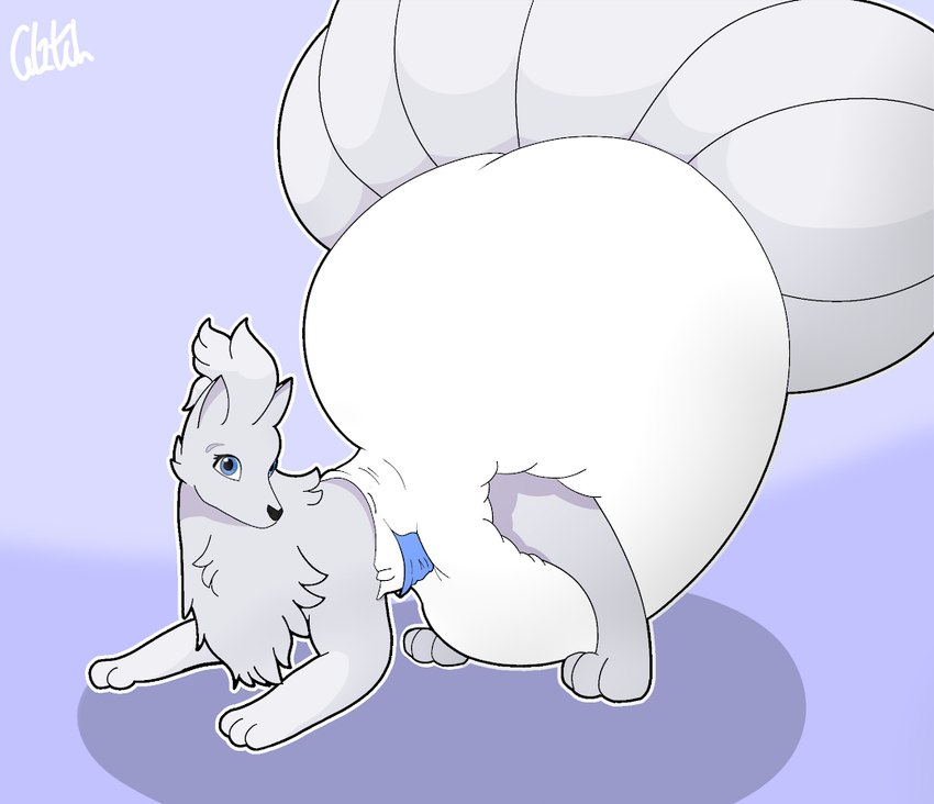 big_diaper clean_diaper clothed clothing diaper diaper_only female feral huge_diaper looking_at_viewer multi_tail simple_background solo tail topless wearing_diaper gl1tchedpup nintendo pokemon canid canine generation_1_pokemon mammal ninetales pokemon_(species)