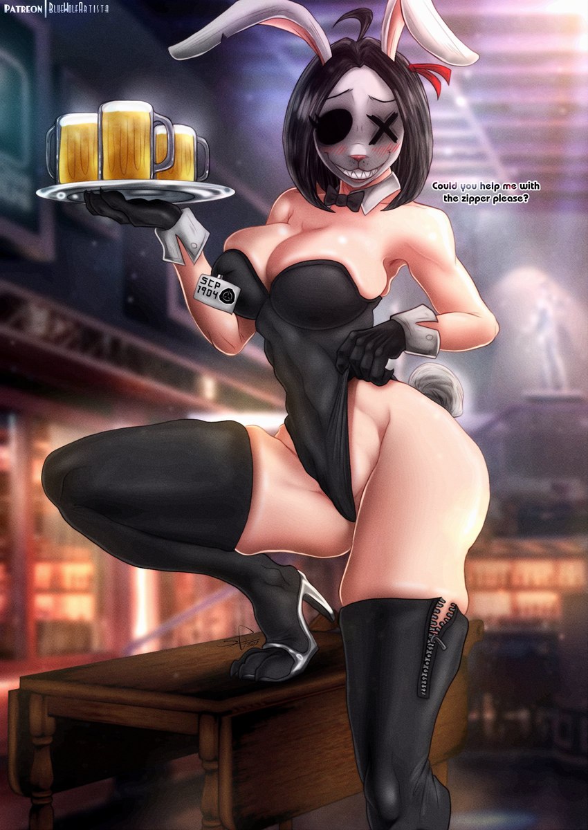 5_claws 5_fingers 5_toes accessory ahoge alcohol asking asking_for_help asking_viewer athletic athletic_female athletic_humanoid bare_shoulders beer beer_mug beverage big_breasts black_bow_tie black_clothing black_eyes black_legwear black_leotard black_thigh_highs blurred_background blush blush_lines bow_collar bow_ribbon bow_tie breasts claws cleavage cleavage_overflow clothed clothing clothing_pull costume cotton_tail cuffs_(clothing) detailed_background dialogue empty_eyes feet female female_humanoid finger_claws fingers floppy_ears footwear for_a_head furniture glistening glistening_breasts grey_highlights hair hair_accessory hair_bow hair_ribbon high_heels highlights_(coloring) legwear leotard light_body light_skin lipstick logo looking_at_viewer makeup missing_eye name_tag navel_outline notched_ear pink_inner_ear pink_lipstick pink_nose rabbit_ears raised_leg red_blush red_bow ribbons server serving_tray sharp_teeth shoes skimpy skindentation solo step_pose strapless_clothing strapless_leotard table tail teeth text thick_thighs thigh_highs toe_claws toeless_footwear toes tugging_clothing waiter white_ears white_face white_head white_tail wood wood_furniture wood_table x_eyes zipper bluewolfartista pitch_haven scp_foundation scp-1903 animal_head animal_humanoid humanoid lagomorph lagomorph_humanoid leporid leporid_humanoid mammal mammal_humanoid rabbit rabbit_humanoid 2022 absurd_res artist_name colored digital_media_(artwork) digital_painting_(artwork) english_description english_text hi_res shaded signature