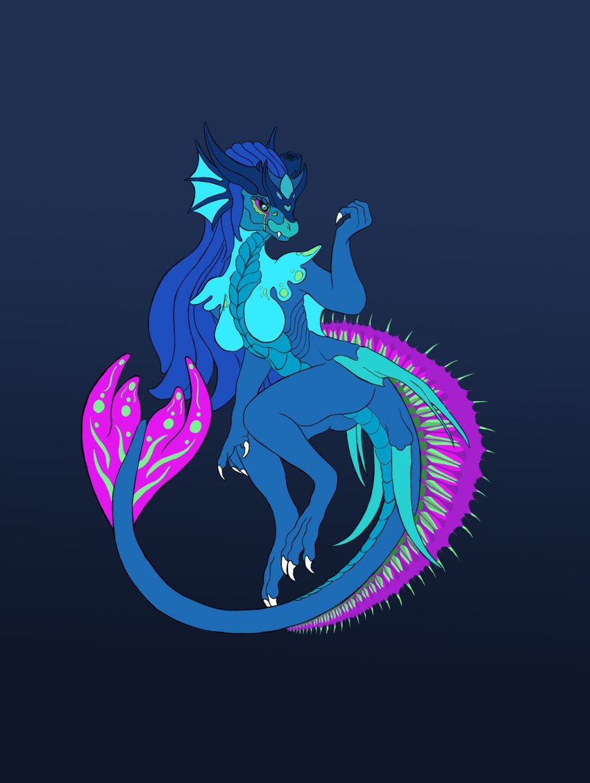 anthro big_tail blue_background blue_body blue_hair blue_scales breasts deep_sea digitigrade ear_frill featureless_breasts female fin frill_(anatomy) front_view hair long_hair long_tail medium_breasts non-mammal_breasts nude scales simple_background solo tail tail_fin tapering_tail thick_tail ventral_scales wide_hips maliborg mythology aquatic_dragon dragon marine mythological_creature mythological_scalie scalie hi_res