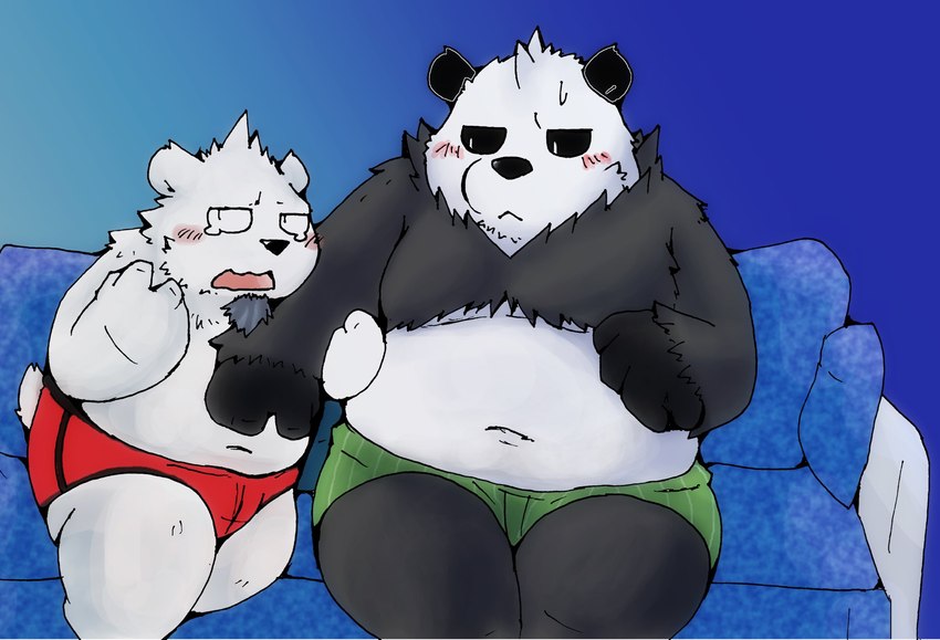 anthro belly big_belly black_body blush bodily_fluids duo kemono male navel scared sitting tears white_body snow_utamaru nintendo pokemon beartic generation_5_pokemon generation_6_pokemon pangoro pokemon_(species) 2023 hi_res