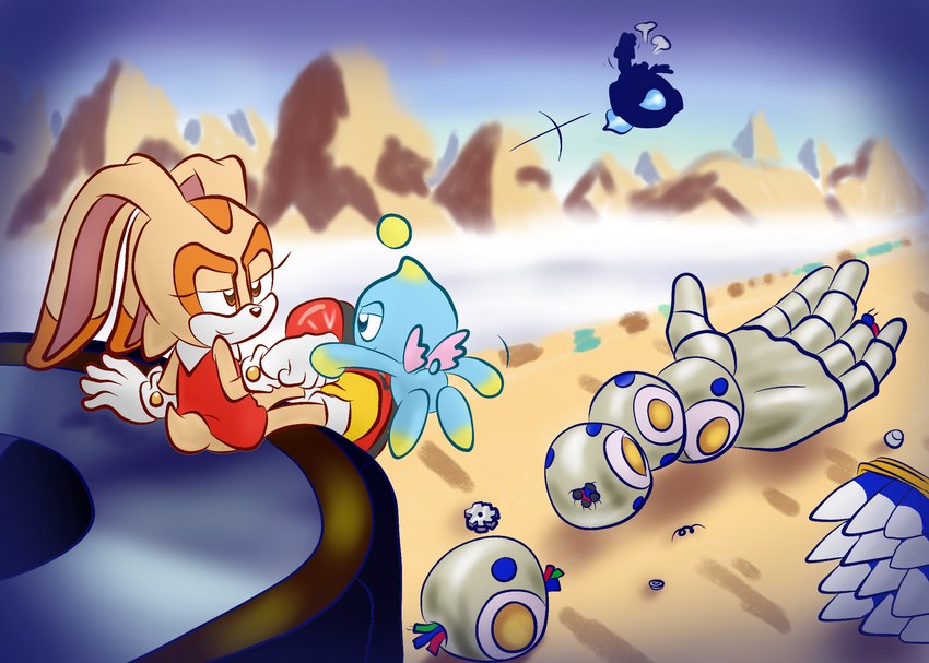 anthro blue_body blue_eyes blue_skin clothing cloud dress duo_focus female fist_bump fur gesture gloves group handwear machine orange_body orange_eyes orange_fur sitting trio blehmaster7 sega sonic_advance sonic_advance_2 sonic_the_hedgehog_(series) cheese_the_chao cream_the_rabbit dr._eggman egg_saucer chao_(sonic) lagomorph leporid mammal rabbit robot hi_res