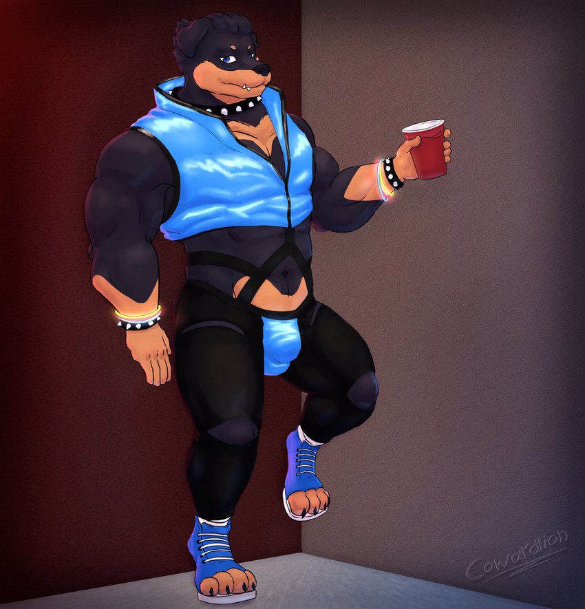 anthro blue_clothing blue_footwear blue_jacket blue_jockstrap blue_shoes blue_topwear blue_underwear bracelet bulge clothing collar detailed_bulge footwear glow_bracelet jacket jewelry jockstrap leaning_against_wall male muscular paw_shoes puffy_jacket shoes solo solo_cup spiked_bracelet spiked_collar spikes topwear underwear cowardlion casuallynoted charlie_(casuallynoted) canid canine canis domestic_dog mammal mastiff molosser rottweiler hi_res