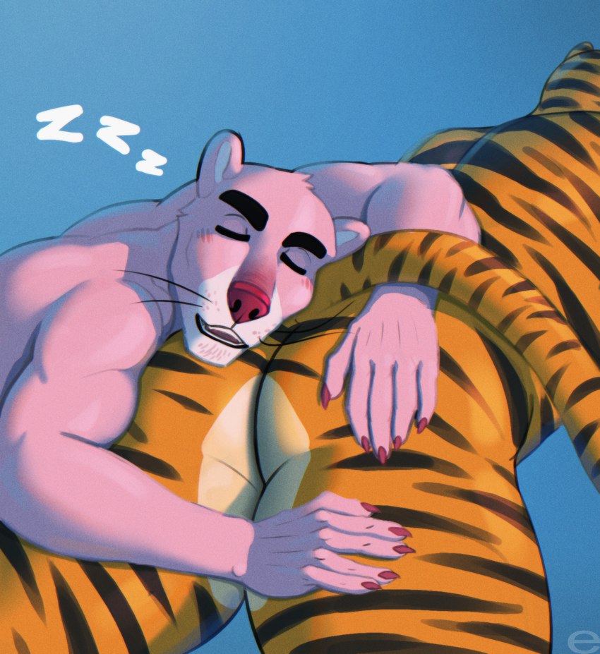 anthro butt duo fur male male/male mascot muscular muscular_male pink_body pink_fur sleeping sound_effects tail thick_thighs vowelless vowelless_sound_effect zzz eddward frosted_flakes kellogg's pink_panther tony_the_tiger felid mammal pantherine tiger hi_res