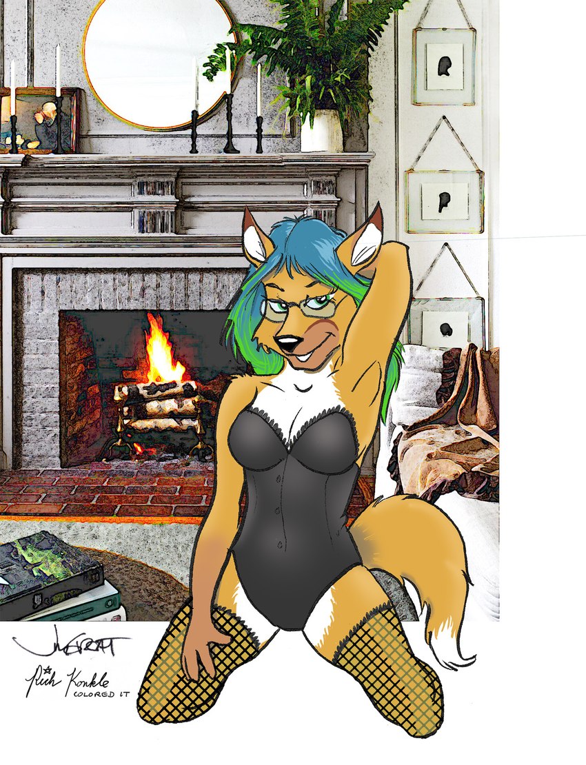 anthro bedroom_eyes breasts candle cleavage clothed clothing dipstick_ears dipstick_tail ear_markings female fireplace fishnet_clothing fishnet_legwear furniture green_eyes hair hand_behind_head inside kneeling legwear lingerie looking_at_viewer markings mirror multicolored_ears multicolored_hair narrowed_eyes photo_background seductive smile sofa solo tail tail_markings teddy_(clothing) rabbi-tom richard_konkle kittfur_(character) canid canine fox mammal 2023 hi_res photography_(artwork)