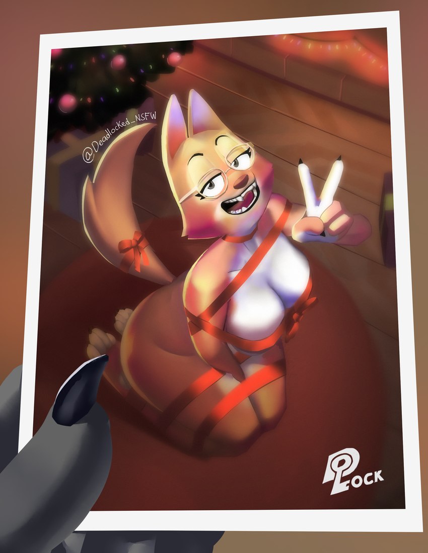 anthro bdsm big_breasts bondage bound breasts eyewear female gift_wrapped glasses holidays plant ribbons solo thick_thighs tree deadlocked christmas dreamworks the_bad_guys diane_foxington canid canine fox mammal absurd_res hi_res