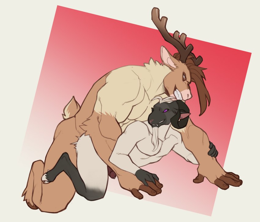 5_fingers anthro anthro_on_anthro anthro_penetrated anthro_penetrating anthro_penetrating_anthro antlers duo fingers hooves horn male male/male male_penetrated male_penetrating male_penetrating_male muscular muscular_male penetration sex smile faint gilles_(peable) raiz bovid caprine deer goat mammal new_world_deer reindeer 2021 digital_media_(artwork)