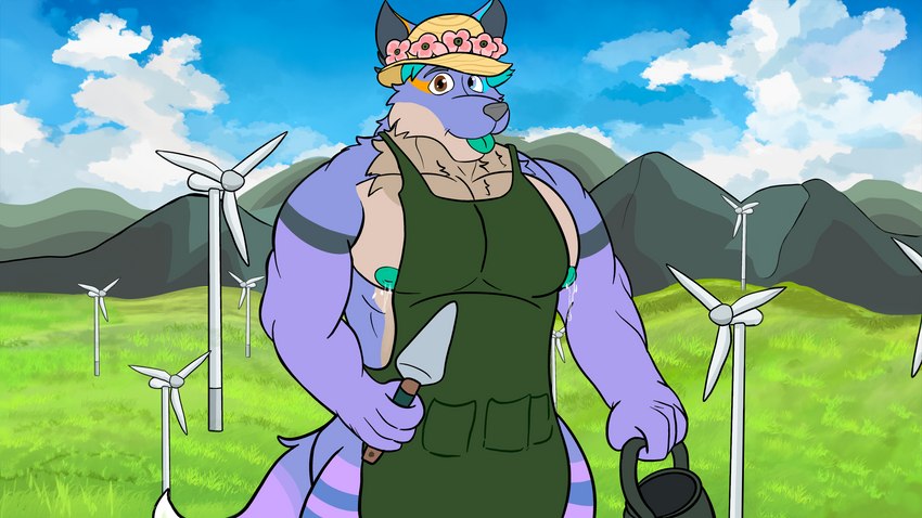 anthro apron big_pecs blue_body blue_ears blue_eyes blue_fur bodily_fluids clothing cloud day detailed_background flower flower_in_hat front_view fur gardening gardening_tools green_nipples green_tongue grey_body grey_fur hat headgear headwear heterochromia innocent_expression innocent_smile lactating lactating_through_clothing looking_at_viewer male male_lactation mountain nipples orange_ears orange_eyes outside pecs plant purple_body purple_fur sky solo standing sun_hat tongue tongue_out trowel watering_can wet wet_clothing wind_turbine jinxxyjulson third-party_edit yourpaltygar lavana_cobalt canid canine fox gastropod hybrid mammal mollusk snail absurd_res hi_res huge_filesize