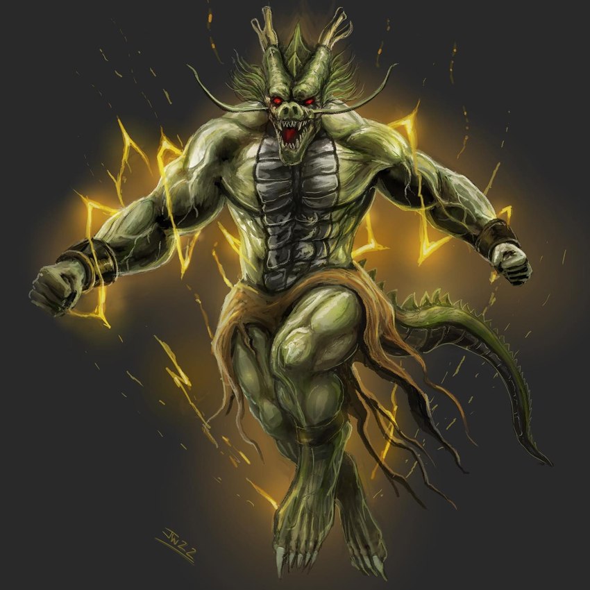 abs action_pose anklet anthro back_spines biceps bottomwear brown_bottomwear brown_clothing claws clothing cuff_(restraint) electricity_from_body fangs fist glowing glowing_body green_body green_scales grey_background horn iron_cuffs jewelry long_tail male metal_cuffs muscular muscular_anthro muscular_legs plated_scales pose red_eyes restraints scales sharp_teeth simple_background solo sparks tail teeth toe_claws tongue torn_clothing vein veiny_muscles whiskers shenron.inc wilkman_illustration dragon_ball mythology shenron dragon eastern_dragon mythological_creature mythological_scalie scalie 1:1 2022 alternate_version_at_source digital_media_(artwork) hi_res signature