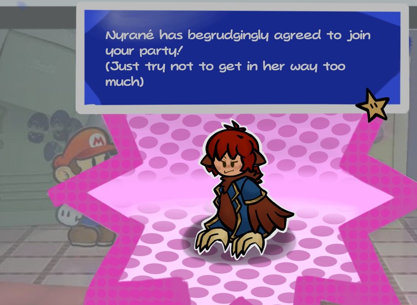 anthro dialogue_box female hair male pattern_background red_hair simple_background star text wings diplomatreal third-party_edit european_mythology greek_mythology mario_bros mythology nintendo paper_mario:_the_thousand_year_door mario nyrane_(diplomatr331) avian harpy human mammal mythological_avian mythological_creature english_text hi_res shopped