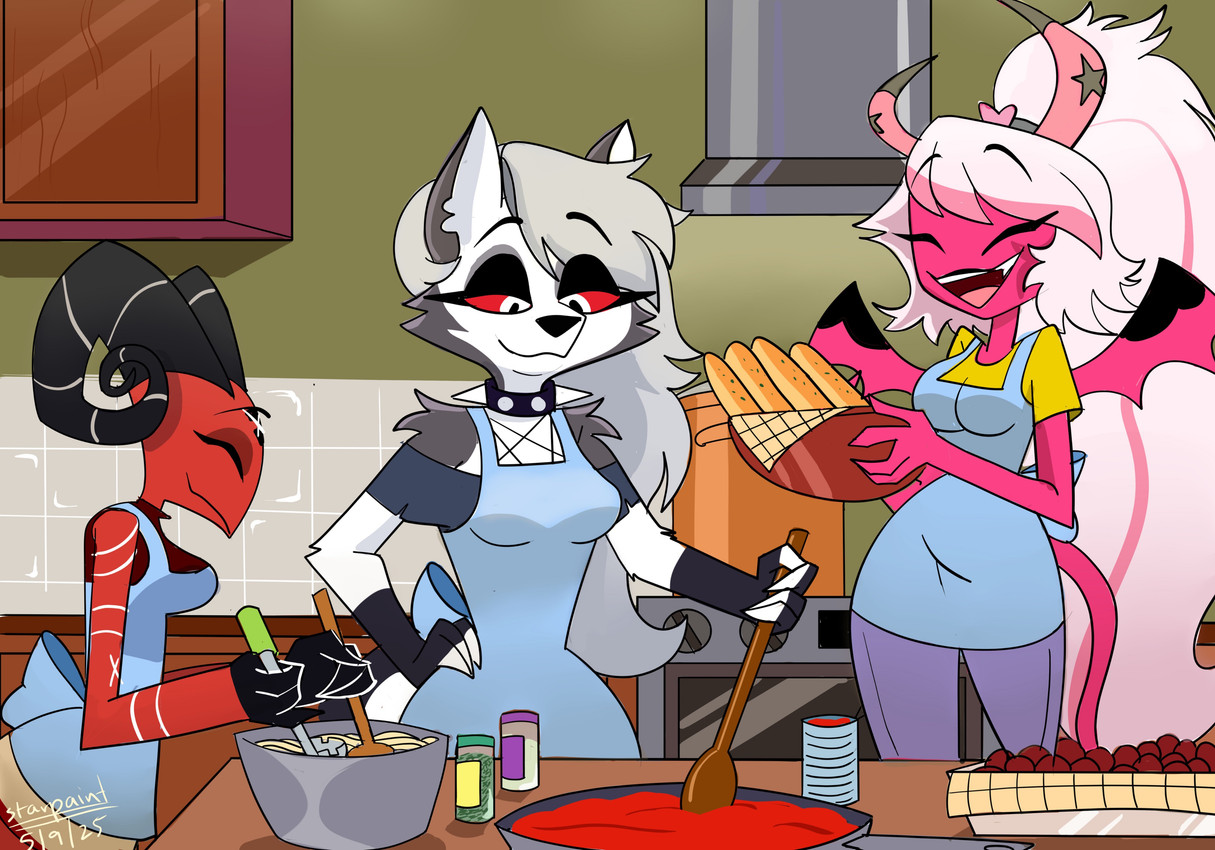 anthro apron arm_markings asymmetrical_horns back_wings black_horn blue_apron blue_bottomwear blue_clothing blue_pants bottomwear bowl bread breadsticks breasts clothed clothed_anthro clothed_female clothed_humanoid clothing collar container cooking cooking_pot curled_horn cutlery dipstick_horn eyes_closed facial_markings female fingerless_gloves food forehead_markings fur gloves grey_hair group hair hand_on_hip handwear head_markings holding_bowl holding_container holding_object holding_spoon horn horn_markings inside kitchen kitchen_utensils long_hair markings multicolored_horn notched_ear open_mouth open_smile pants pasta pink_body pink_hair pink_skin ponytail preparing_food red_body red_sclera red_skin segmented_horn shirt small_waist smile spiked_collar spikes spoon star_(marking) stirring t-shirt tail text tomato_sauce tools topwear trio white_body white_eyes white_fur white_markings wide_hips wings wooden_spoon yellow_clothing yellow_shirt yellow_t-shirt yellow_topwear starpaintart hellaverse helluva_boss mythology barbie_wire loona_(helluva_boss) verosika_mayday canid canid_demon canine demon hellhound humanoid imp mammal mythological_canine mythological_creature succubus 2025 absurd_res artist_name dated hi_res