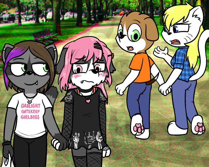 anthro blush clothed clothing crossdressing embarrassed female fur group hair hand_holding looking_back male tail young young_anthro pokefound da_silva distracted_boyfriend dakota_(pink) ollie_(pokefound) pink_(pink) sam_(pink) beagle border_collie canid canine canis collie domestic_cat domestic_dog felid feline felis herding_dog hunting_dog mammal pastoral_dog procyonid raccoon scent_hound sheepdog 5:4 hi_res meme