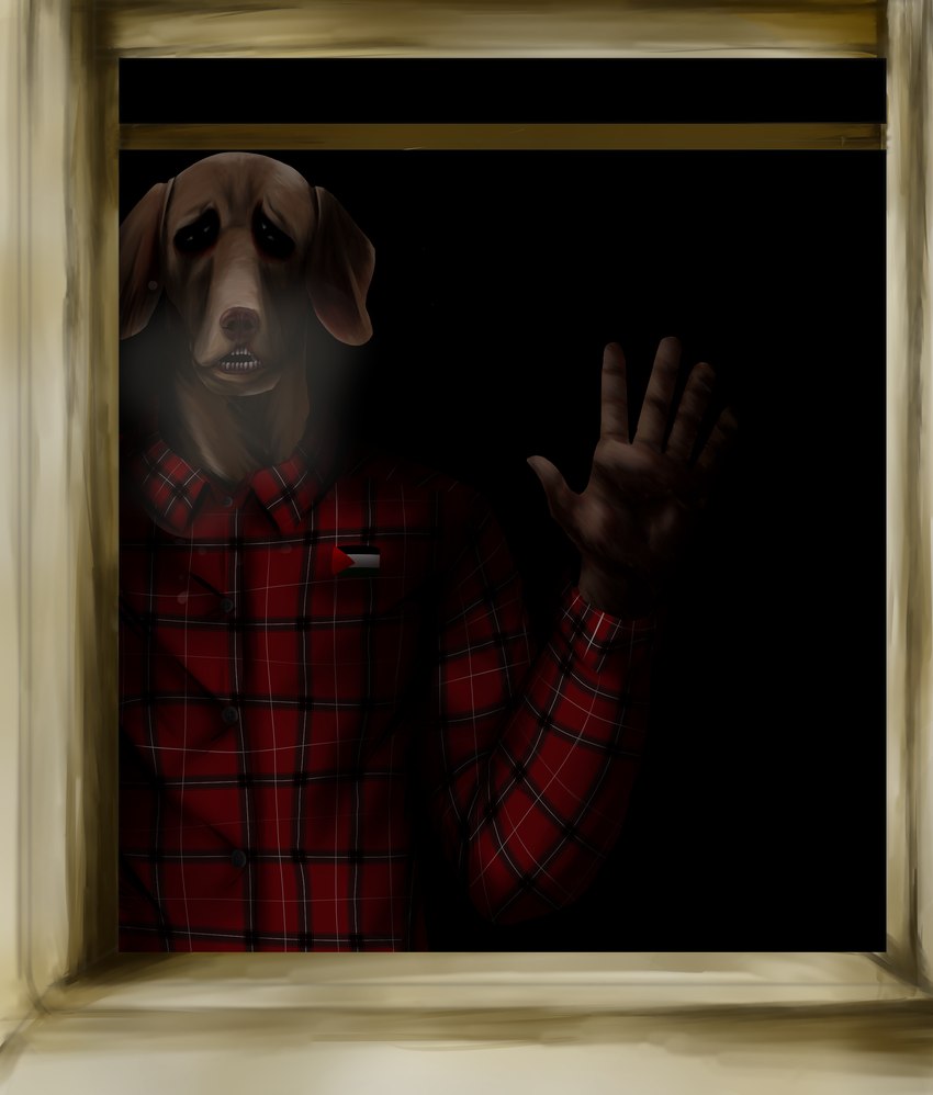 analog_horror anthro breathing brown_body brown_fur clothed clothing creepy creepy_face fur hollow_eyes horror_(theme) male male/male night realistic_eyes solo teeths window pyro4707 dog_nightmare gray_ghost_(dog_nightmare) humanoid weimaraner absurd_res hi_res