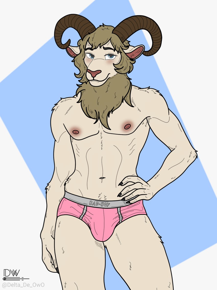 anthro areola biped blush bovid_horn briefs bulge caprine_horn clothed clothing fur horn male male_anthro nipples ram_horn simple_background smile solo topless underwear delta_dewitt beastars pina_(beastars) bovid caprine dall_sheep mammal sheep digital_media_(artwork) hi_res