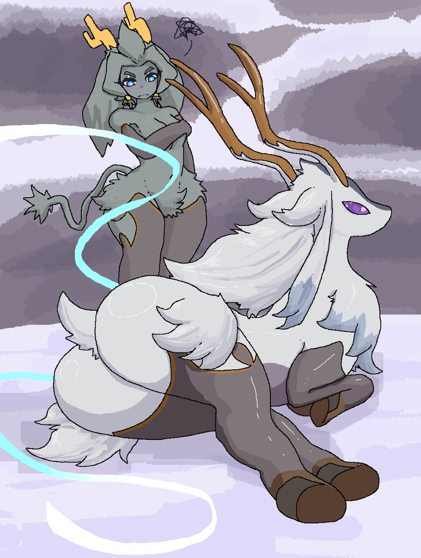 ambiguous_gender angry anthro antlers big_butt big_ears blue_body blue_eyes blue_fur blush butt clothing duo female feral fluffy fur grey_body grey_fur hair hooves horn legwear long_hair long_tail lying purple_eyes short_hair simple_background small_tail snow tail thick_thighs thigh_highs white_body white_fur commonbleat palworld pocketpair pseudoregalia sybil_(pseudoregalia) celesdir deer lagomorph leporid mammal rabbit hi_res