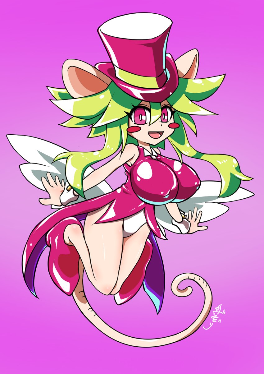 anthro big_breasts blush blush_stickers breasts clothing cuff_links female green_hair hair hat headgear headwear heart_symbol long_hair necktie rat_ears rat_tail smile solo tail top_hat wings kazamidoririnn mad_rat_dead nippon_ichi_software rat_god_(mad_rat_dead) mammal murid murine rat rodent hi_res