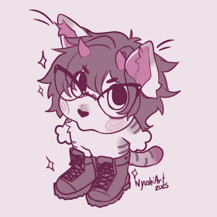 anthro boots clothing eyewear female footwear glasses horn looking_at_viewer shoes silly silly_face solo sparkles wearing_glasses nyushi nyu_(nyufluff) felid feline mammal 1:1 hi_res watermark