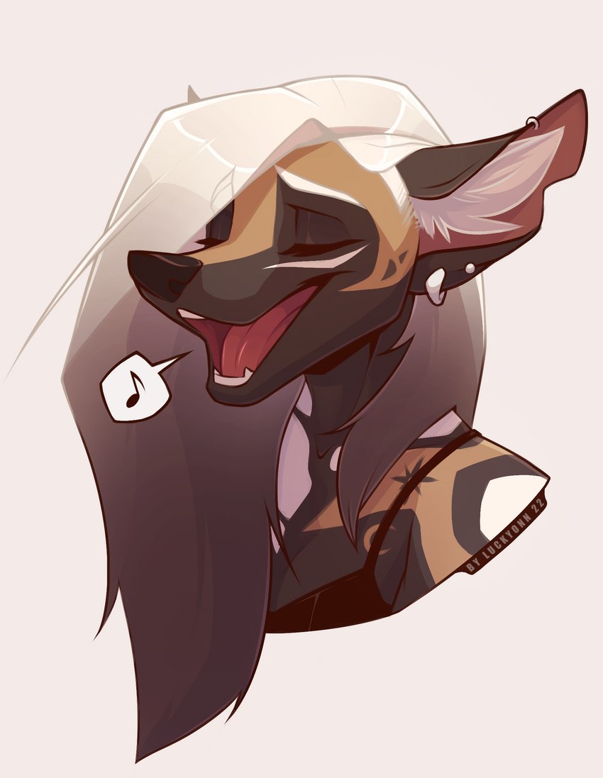 anthro ear_piercing female hair inner_ear_fluff markings moon_(marking) musical_note musical_symbol piercing singing solo star_(marking) symbol teeth tuft white_hair luckyonn sola_(luckyonn) african_wild_dog canid canine mammal hi_res