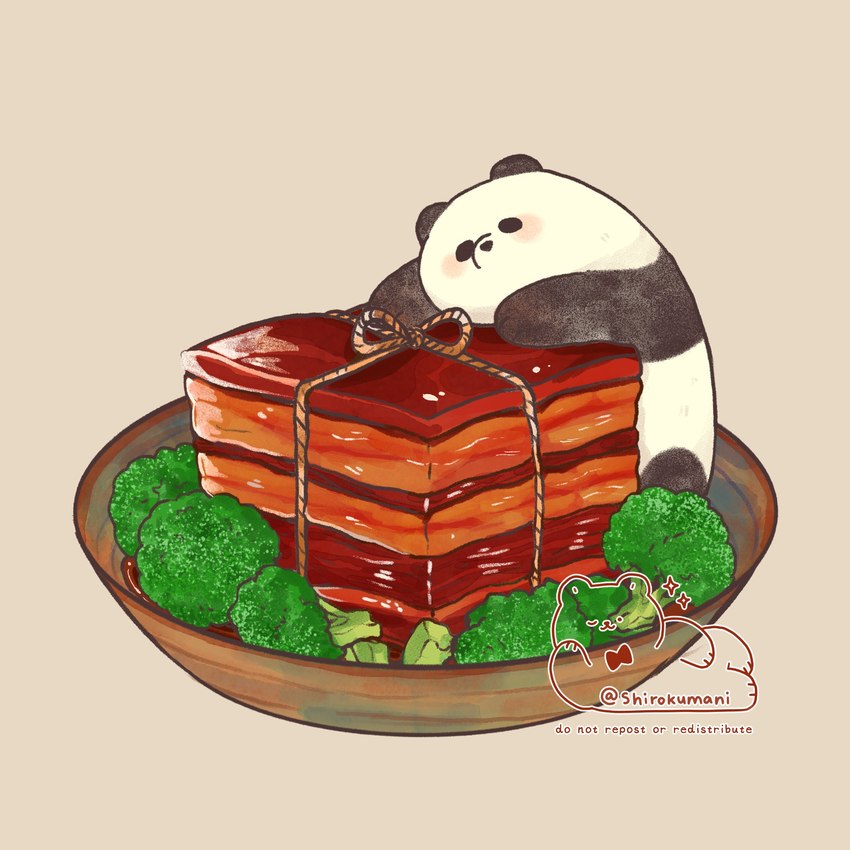 black_body black_nose blush chibi comically_large_object detailed_food dong-po_pork feral food micro sitting solo white_body shirokumani bear giant_panda mammal 1:1 2021 detailed hi_res