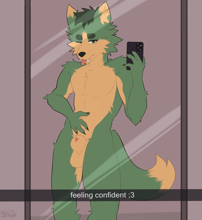 animal_genitalia animal_penis anthro balls canine_genitalia canine_penis cellphone chest_tuft electronics fur genitals green_body green_eyes green_fur green_hair hair inner_ear_fluff male mirror mirror_selfie multicolored_body multicolored_fur one_eye_closed orange_body orange_fur penis penis_tip phone posing_for_picture selfie sheath smartphone solo text tongue tuft wink conditional_dnp taoreta apple_inc. iphone snapchat rennok_(taoreta) canid canine canis mammal wolf absurd_res english_text hi_res